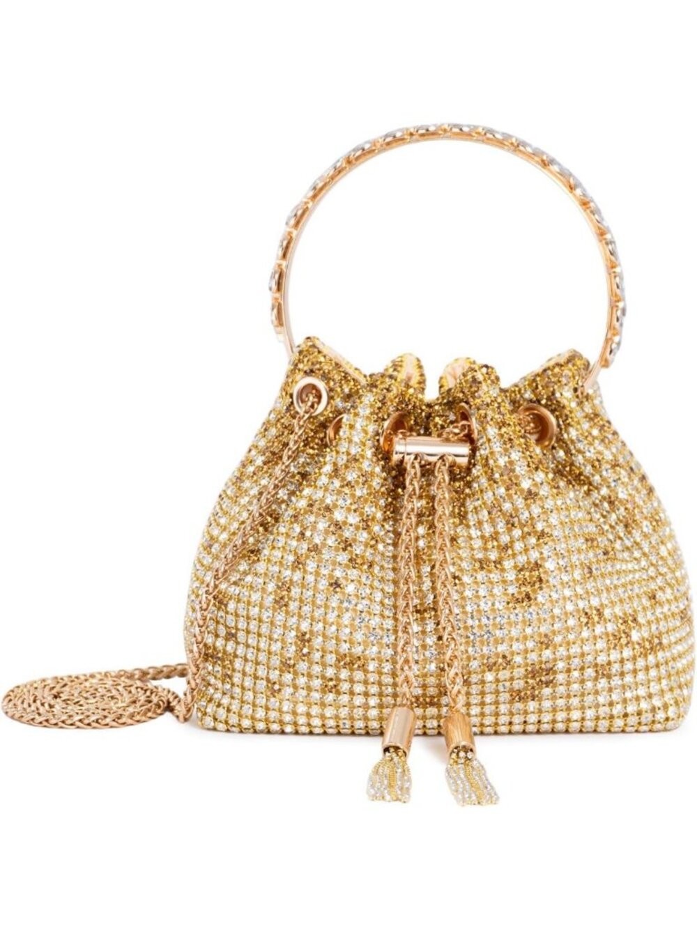 Embellished Multicolor Rhinestone Bucket Bag with Ring Handle & Gold Chain Strap
